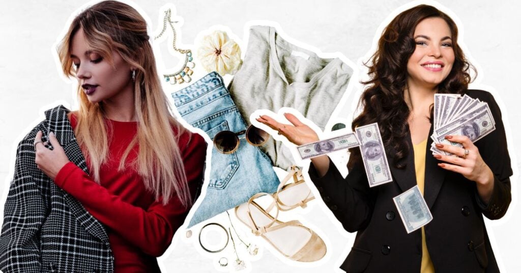 Woman traying on jacket, pile of clothes to be sold and a woman holding money. 