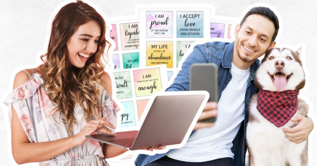 Woman on laptop, dog with bandana and stickers.