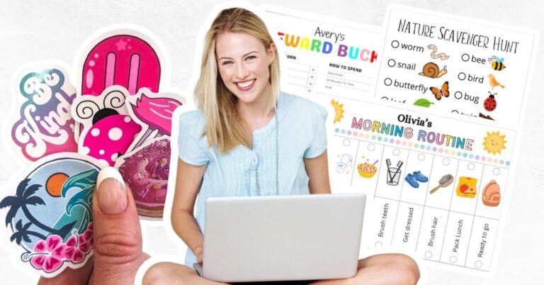 Woman on laptop with stickers and planners in the background.