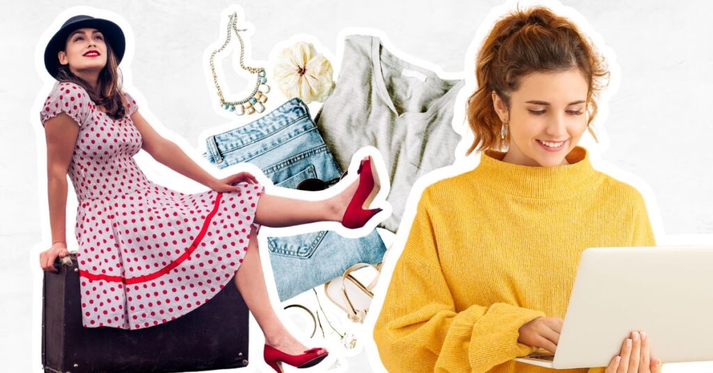 Woman wearing vintage spotty dress, bundle of clothes and woman on laptop creating digital material.