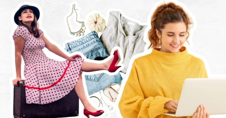 Vintage clothing and woman on laptop creating digital material.
