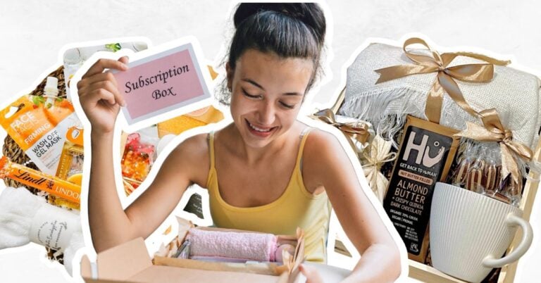 Woman receiving a subscription box and two boxes showing what could be put in boxes.