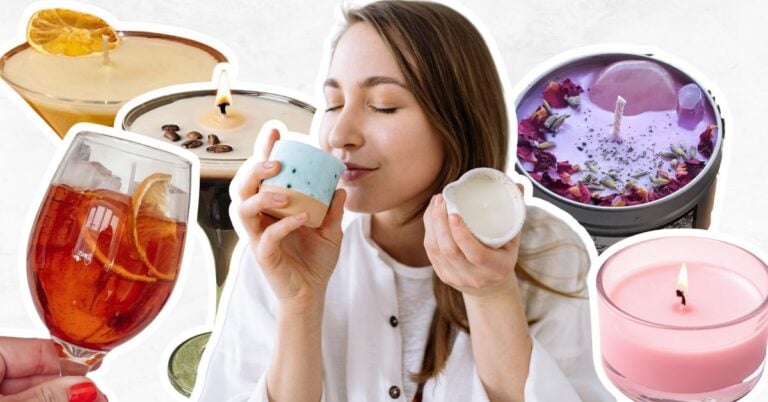 Woman smelling candles and candles in the background are cocktail candles, a crystal candle and a plain pink candle.
