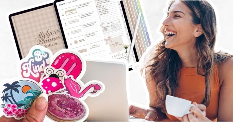 Woman on laptop creating digital products, ideas shown stickers and planner.