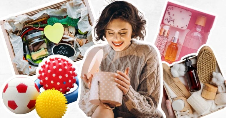 Woman opening box and ideas of subscription boxes around her. Pet subscription box with pet toys, perfume and facial box and a grooming kit box.