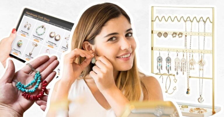 Woman trying on jewelry, jewelry stand, hands holding beaded jewelry and craft shop selling jewelry on an iPad.