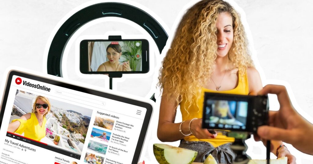 Woman being filmed making food for YouTube, YouTube being shown on an iPad and a ring light with a camera in the middle filming someone.