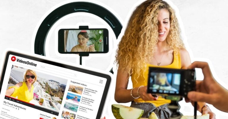 Woman being filmed for YouTube, camera in a ring light and YouTube being shown on an iPad.