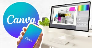 Canva logo, mobile phone with Canva logo and a desktop computer showing ideas that are supposed to be relating to Canva use.