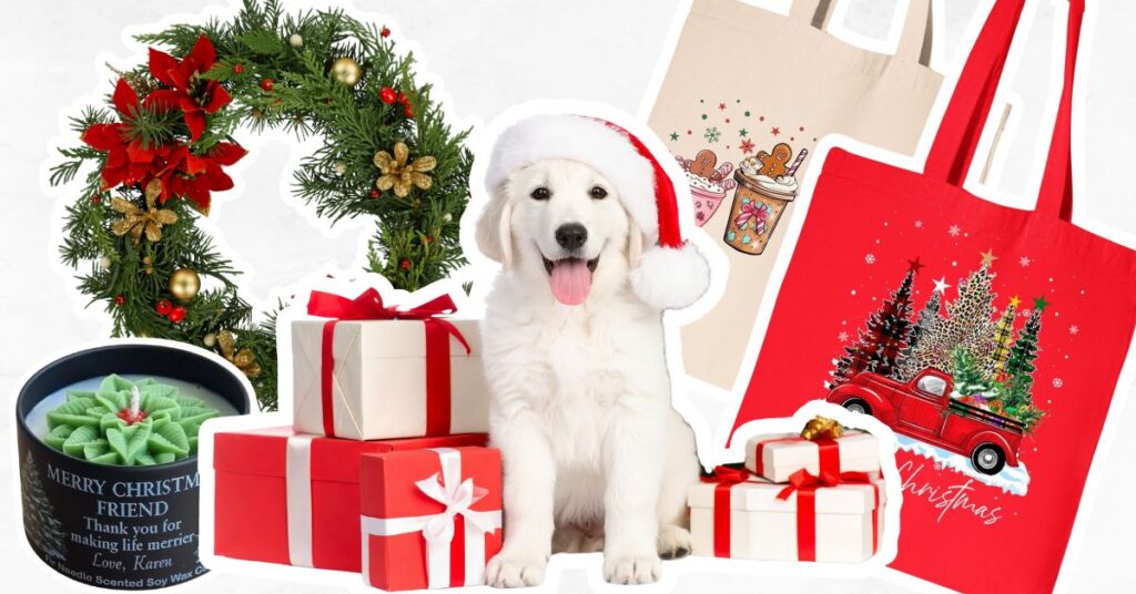 Crafts to make for Christmas. Picture includes a wreath, soy candle, tote bags.