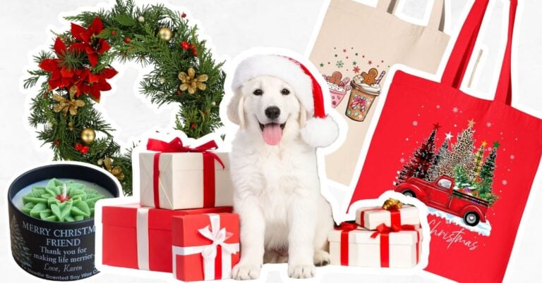 Crafts to make for Christmas. Picture includes a wreath, soy candle, tote bags.