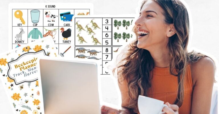 Woman on laptop, printables created, beekeeping planner, dinosaur counter and speech card.