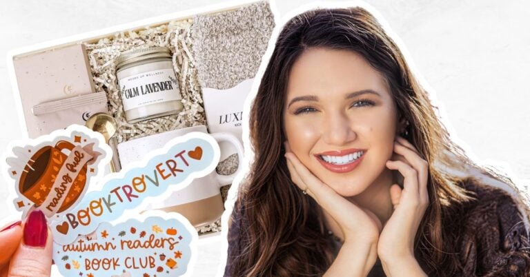 Box of self-care things, book club stickers and woman smiling.
