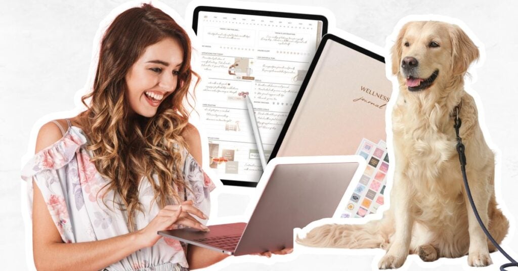 Woman on laptop, digital wellness journal and a dog with a lead on.