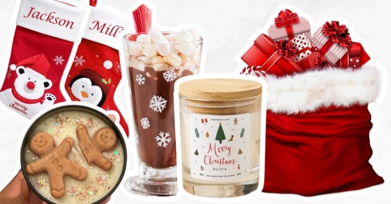 Ideas for crafts for sale show two candles, hot chocolate, two Christmas stockings and a bag of presents.