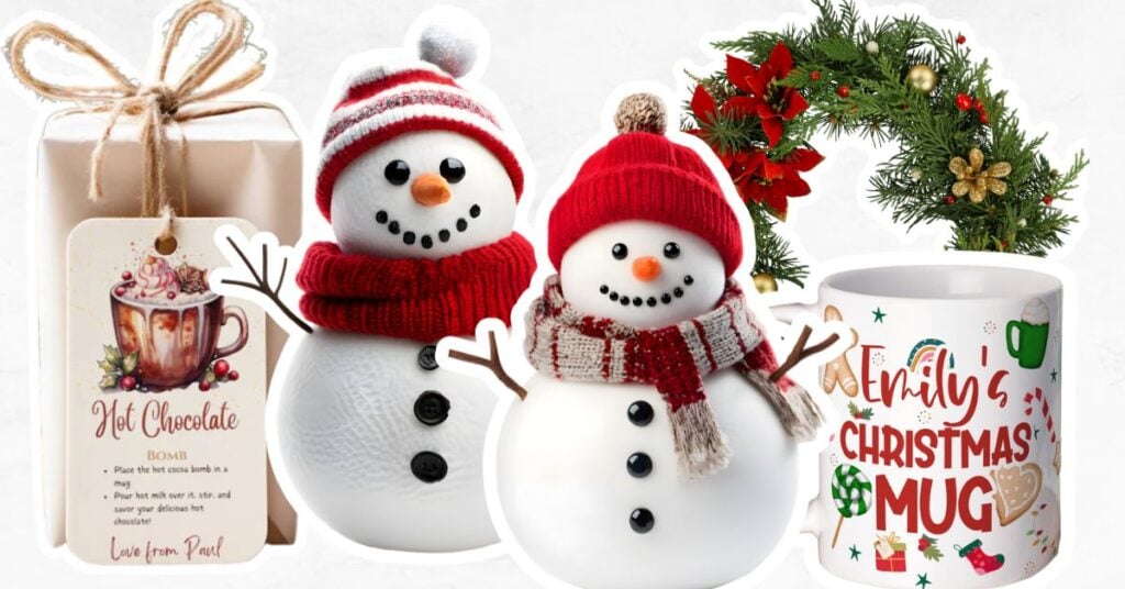 Items for a Christmas craft fair are depicted, hot chocolate bomb, knitted hats and scarves, Christmas wreath and a festive mug.