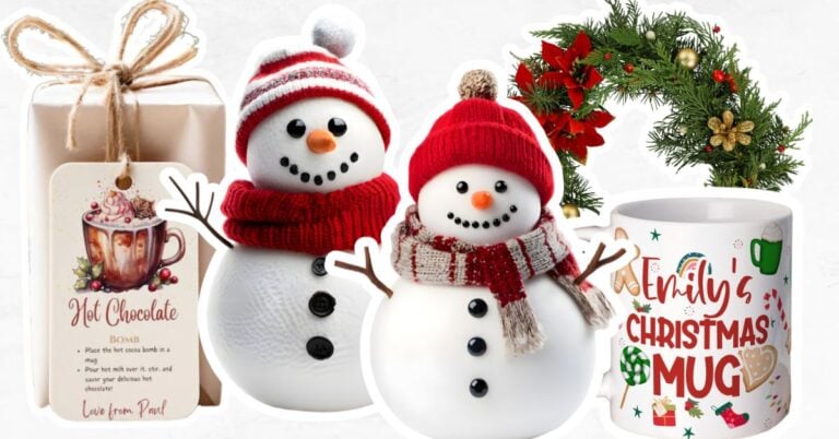 Items for a Christmas craft fair are depicted, hot chocolate bomb, knitted hats and scarves, Christmas wreath and a festive mug.