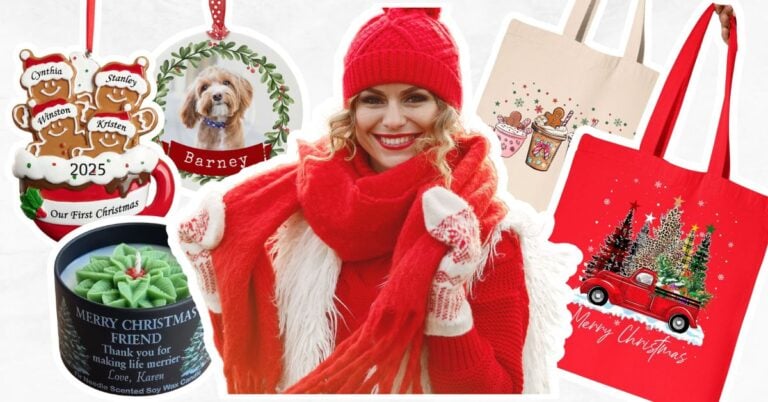 Christmas gift ideas to make displayed as personalised tree ornaments, soy candle, tote bags and knitted hat and scarf.
