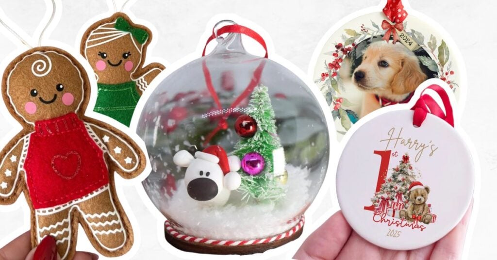Two felt gingerbread people, one snow globe, a dog ornament and a baby first Christmas tree ornament.