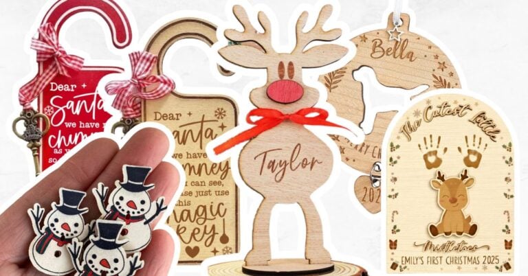 Ideas to make for wooden Christmas crafts - two door signs, snowmen, reindeer, dog tree ornament and baby first Christmas.