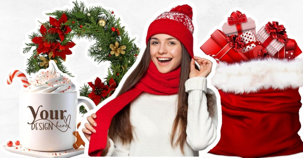 Bag of Christmas presents and a woman with a knitted hat and scarf. Christmas wreath and mug showing personalisation.