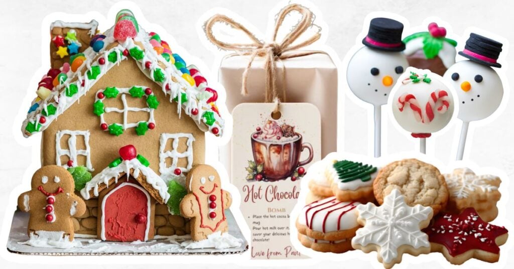 Christmas deserts including chocolate bomb, cake pops, cookies and gingerbread house. 