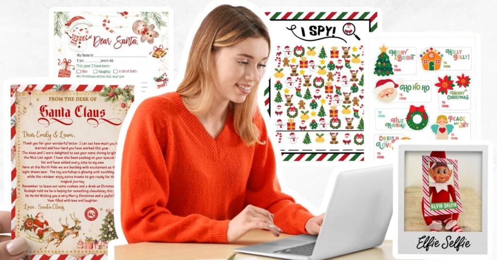 Woman on laptop creating Xmas printables - Santa letters, kids I spy, labels for presents and elf things. 