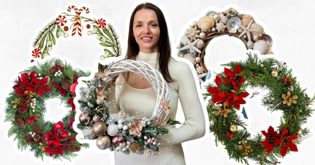 Various styles of Christmas wreath, including a seaside one, peppermint candy, flowers and baubles with a woman holding a wreath. 