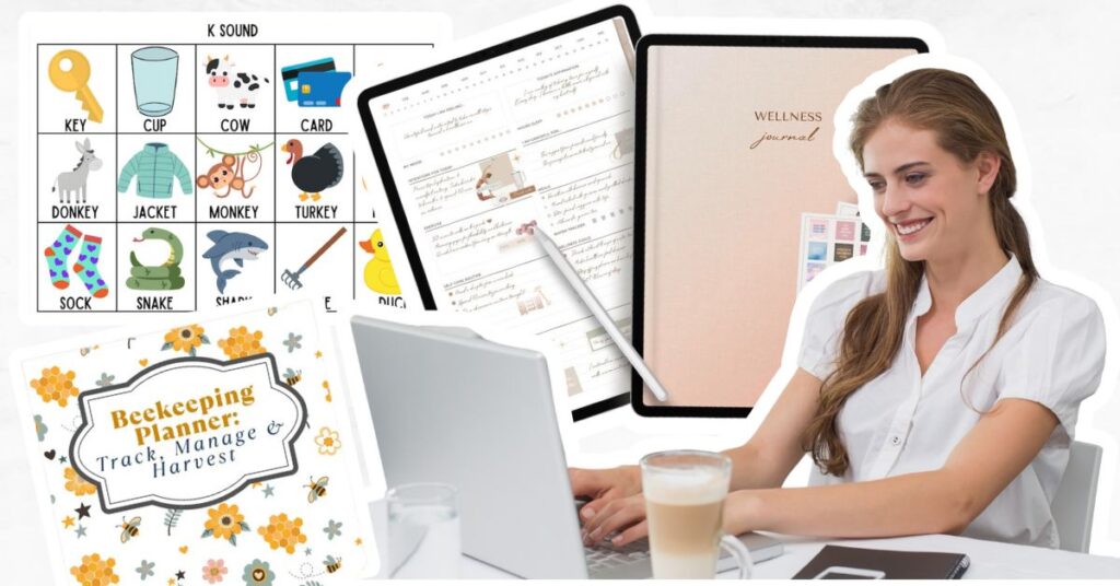 Woman working on a laptop with several pintables around her including a beekeeping tracker, K sound child sheet and  a wellness journal. 
