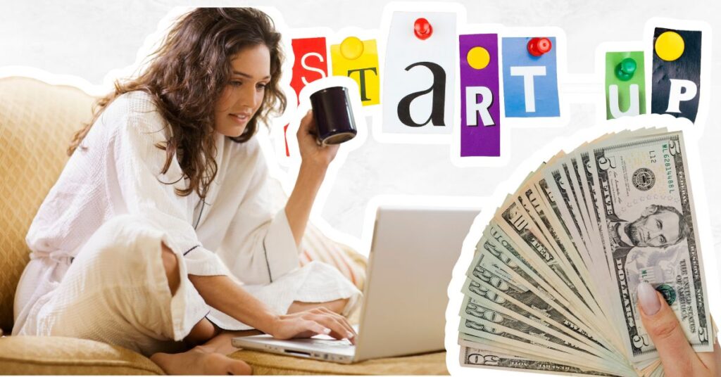 Woman on laptop creating a start-up business, showing the word start-up and showing money. 