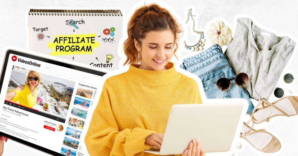 Notepad with affiliate marketing plans written on it, a video online depicting You Tube channel, woman on a laptop creating digital documents, bundle of clothes for resale. 