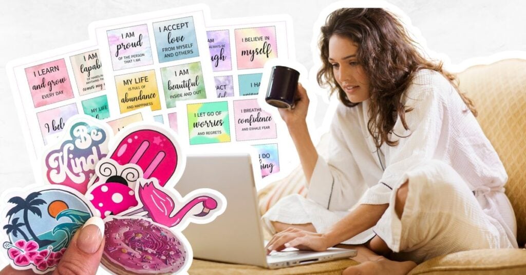 Woman working on her laptop and ideas of what can be created digitally with affirmation cards in the background and stickers in the foreground. 