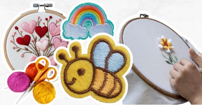 Embroidery hoops, thread, embroidered rainbow and bee.