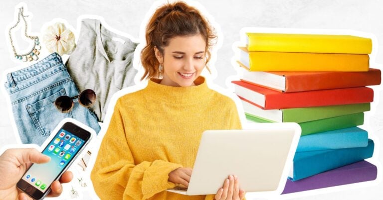 Woman on laptop, Facebook app on a mobile phone, bundle of clothes and a stack of books.